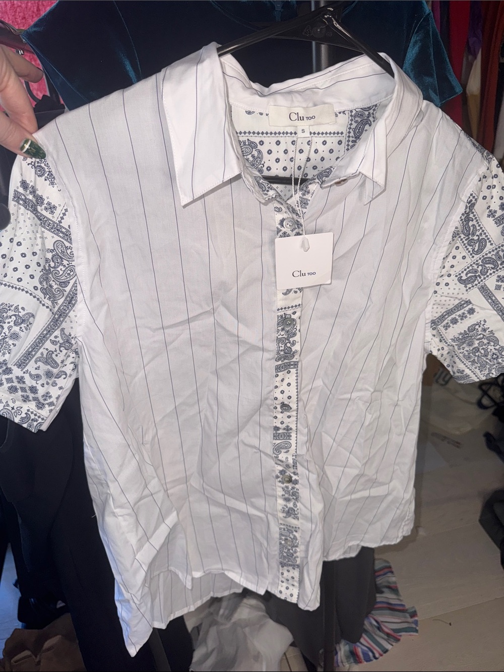 Clu Too Short-Sleeve Button-Down Shirt Paisley Trim